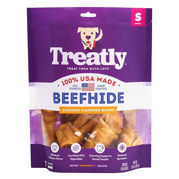 TREATLY USA BEEFHIDE BONES 5-6″ DOG CHEW TREATS – CHICKEN FLAVOR, 7 COUNT/1 PACK