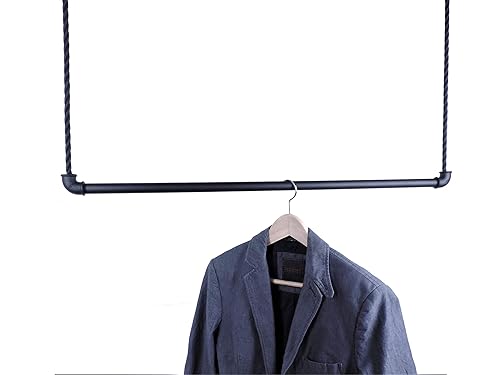 Hängegarderobe Schwarz Metall 80cm inkl. 5m Seil, Kleiderstange, Industrial Design, Kleiderständer, Garderobe für Ankleide