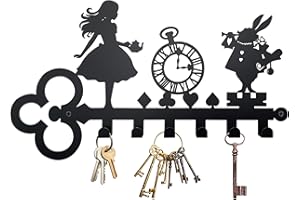 Xyverart Alice Decorative Key Holder for Wall – Metal Wonderland Entryway Key Hook Rack, Bunny with Vintage Clock, Alice Wall Decoration, Unique Gifts for Kids & Alice Lovers Home Decor