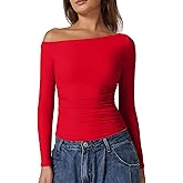 QINSEN Women's Sexy Off Shoulder Shirt Long Sleeve Double Lined Tops Side Ruched Fitted Tees