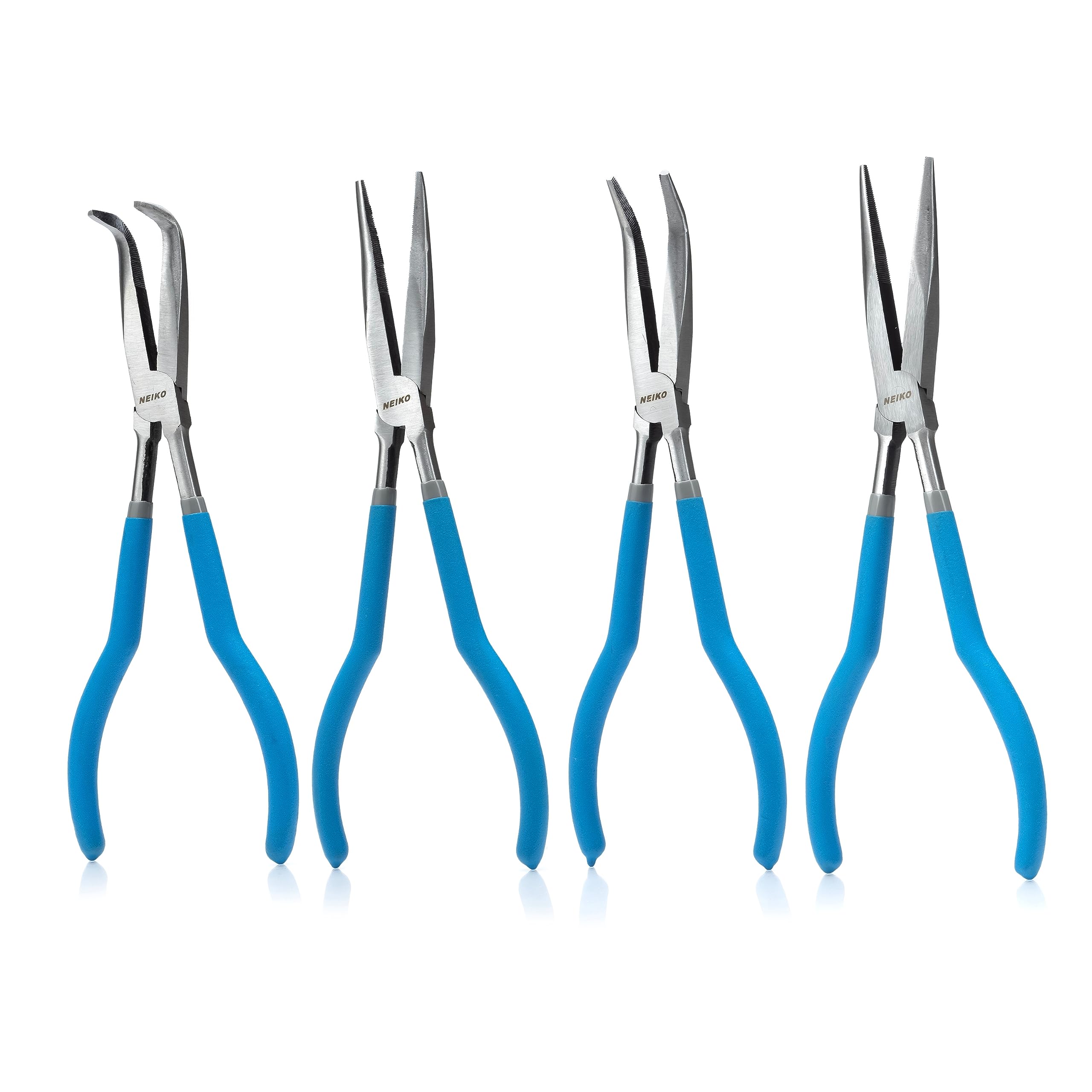 NEIKO 02105A (4) Long Nose Plier 11” Long Reach, Straight, Angle, Curved Pliers, 45 & 90 Degree, Bent Head Needle Nose Pliers Set for Mechanics, Long Handle Pliers