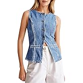 Tankaneo Womens Button Down Denim Vest Trendy Fitted Sleeveless Jean Tank Tops Crew Neck Waistcoat