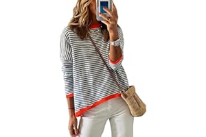 Dokotoo Womens 2024 Long Sleeve Tops Sweaters Casual Crewneck Striped Color Block Drop Shoulder Cotton Pullover Shirts