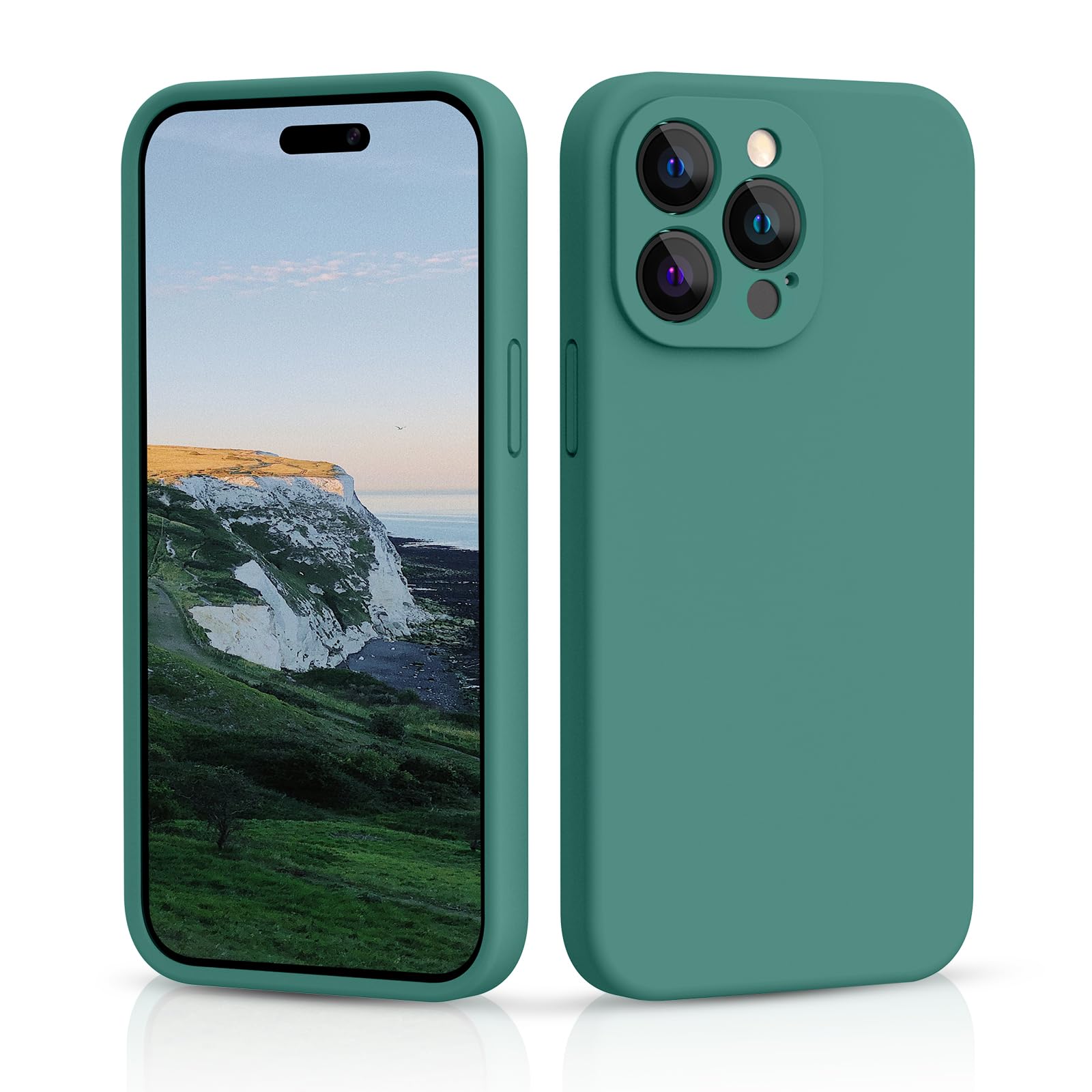 CALOOP Slim-Fit for iPhone 14 Pro Case,Skin Soft Liquid Silicone,Sturdy Hard Frame Shockproof Cover with Anti-Scratch Microfiber Lining,Full Protection for Screen and Lens, 6.1 inch Lens(Pine Green) — image 1