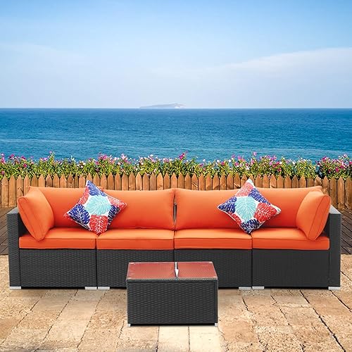 Wonlink 5 Pieces Outdoor Patio Furniture Set, PE Rattan Wicker Sofa Sets, All Weather Sectional Furniture Conversation Sets with Cushions and Tea Table (5pcs, Orange)