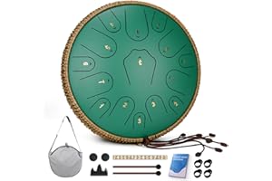 QINGSHI Steel Tongue Drum-14 Inch 15 Notes Tongue Drums, Steel Drum Instrument for Adults, Handpan Drums with Music Book, Handpan Drum Mallet, and Carry Bag, C Major (Green)