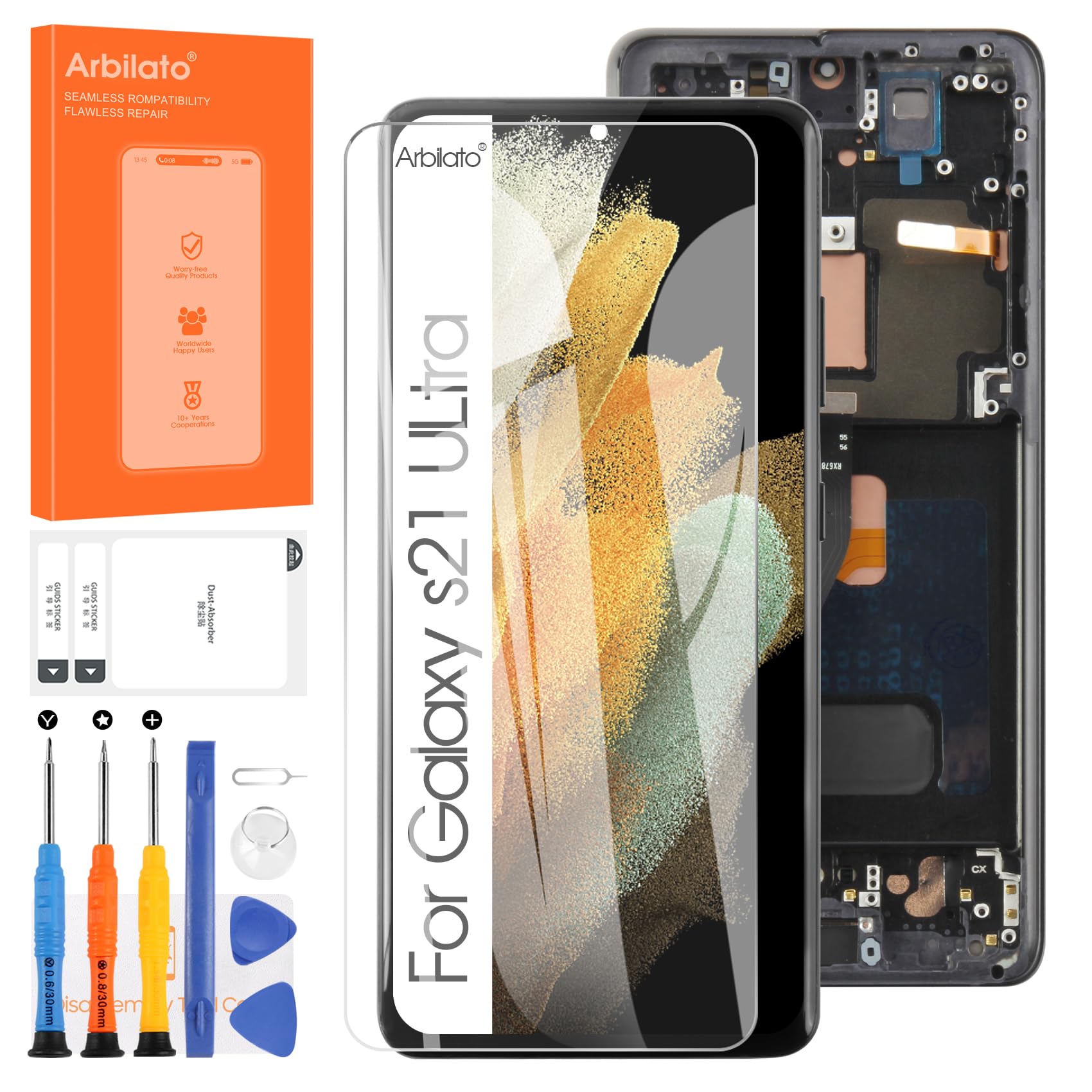 Photo 1 of AMOLED Screen for Samsung Galaxy S21 Ultra 5G Screen Replacement for Samsung S21 Ultra LCD Screen SM-G998B Touch Display Digitizer Assembly Repair Parts with Frame (Black with Fingerprint Function)