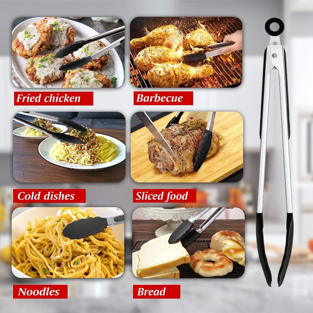 Kitchen Cooking Tongs 3 Packs, Xpatee Silicone Kitchen Tongs (7 / 9/ 12 in), Stainless Steel Tongs with Silicone Tips for Cooking, Serving, BBQ Grill and Salad( Black): Kitchen & Dining