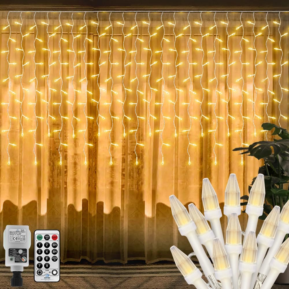6M x1M Outdoor Christmas Icicle Curtian Lights Hanging Window Lights Plug In,Diamond 300LED Backdrop Curtain Light for Roof,Eaves Icicle Light,Waterproof,Connectable,Remote for House Xmas(Warm White)