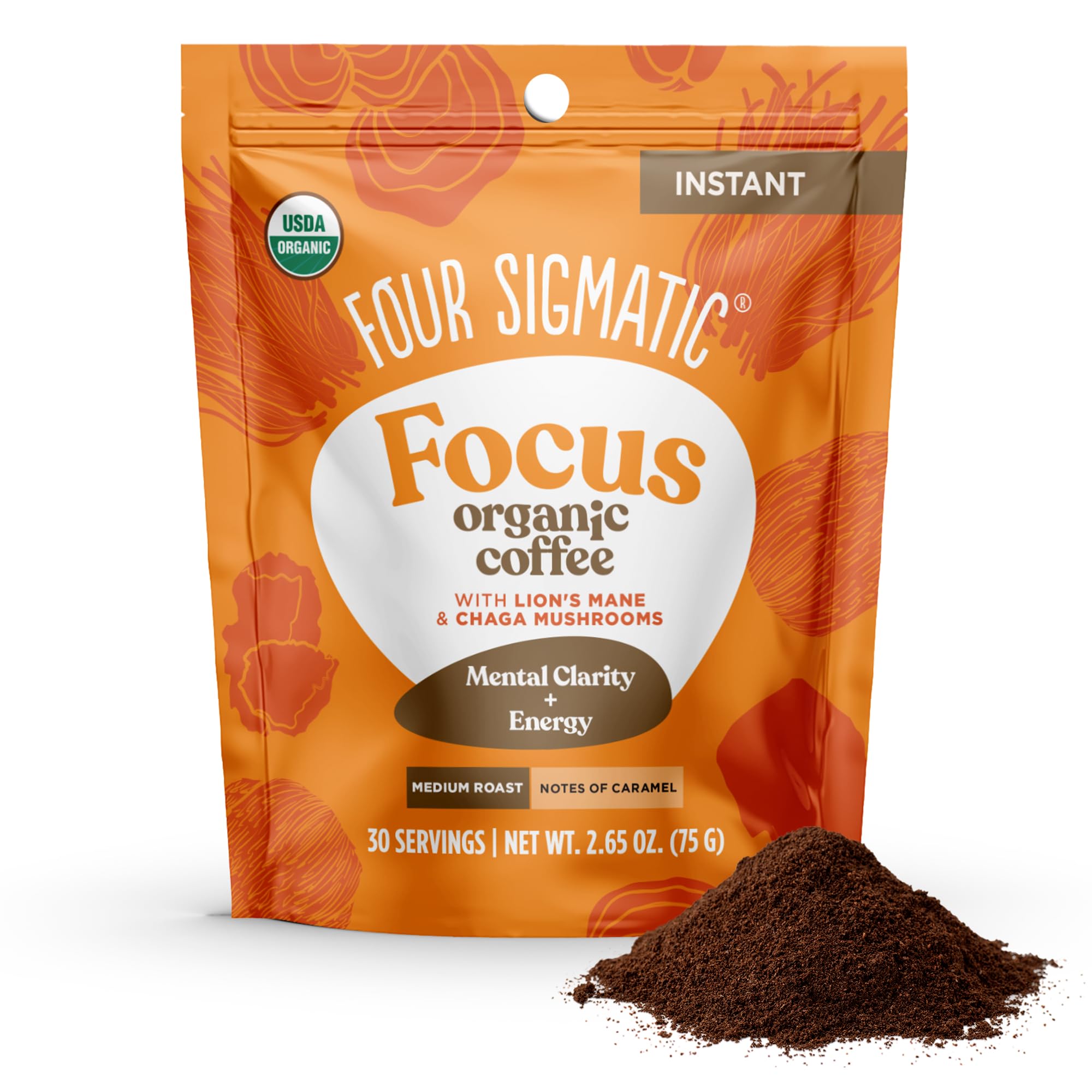 Four Sigmatic Organic Mushroom Coffee | Instant Mushroom Coffee Mix with Lion’s Mane, Chaga and Rhodiola for Better Focus and Immune Support | 30 Serving Bag