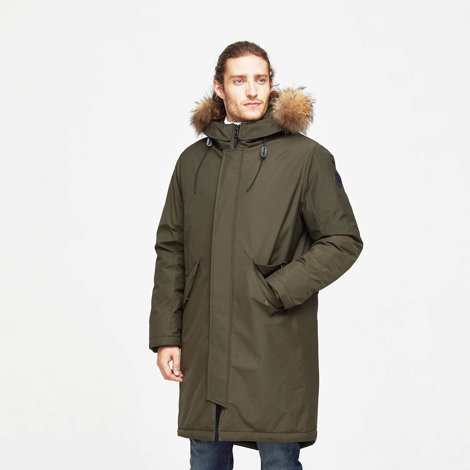 TIGER FORCE Winter Parka City Jackets for Men Business Coat Hooded with Real Fur Trim Insulated Waterproof Snow Jacket Green: Clothing