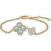 MYEARS Flower Bracelet for Women Gold Sideways Double Four-leaf-clover Link Charm 12 Month Birthstone Cubic Zirconia 14K Simple Dainty Thick Chain Floral Lucky Jewelry Gift