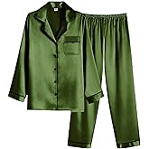Ekouaer Women Satin Pajamas Set Classic Button Down Long Pjs Set