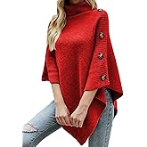 Ferand Women's Turtleneck Button Detail Poncho High Neck Asymmetrical Pullover Sweater for Fall Winter Outfits