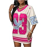 BEAUDRM Women's Plus Size Jersey Shirt Number Graphic V Neck Half Sleeve Oversized Tee Shirt Streetwear