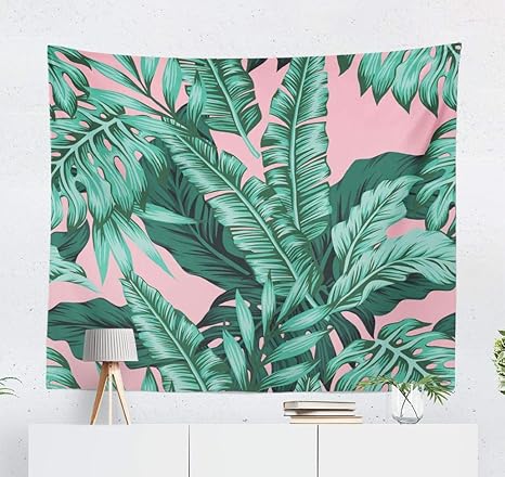 Amazon Com Asoco Tropical Green Leaves Pink Tapestry Tapestry Wall Hanging Exotic Wallpaper Leaf Tropic Wall Tapestry For Bedroom Living Room Tablecloth Dorm 60wx50l Inches Home Kitchen