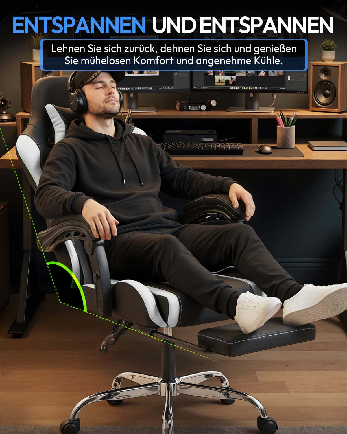 Dowinx Gaming Stuhl Bürostuhl Massage Gaming Sessel mit höhenverstellbaren Linkage-Armlehnen, ergonomischer Gamer Stuhl mit Fußstütze, gepolstert Gaming Chair 150° neigbar bis 180 kg, Weiß 7