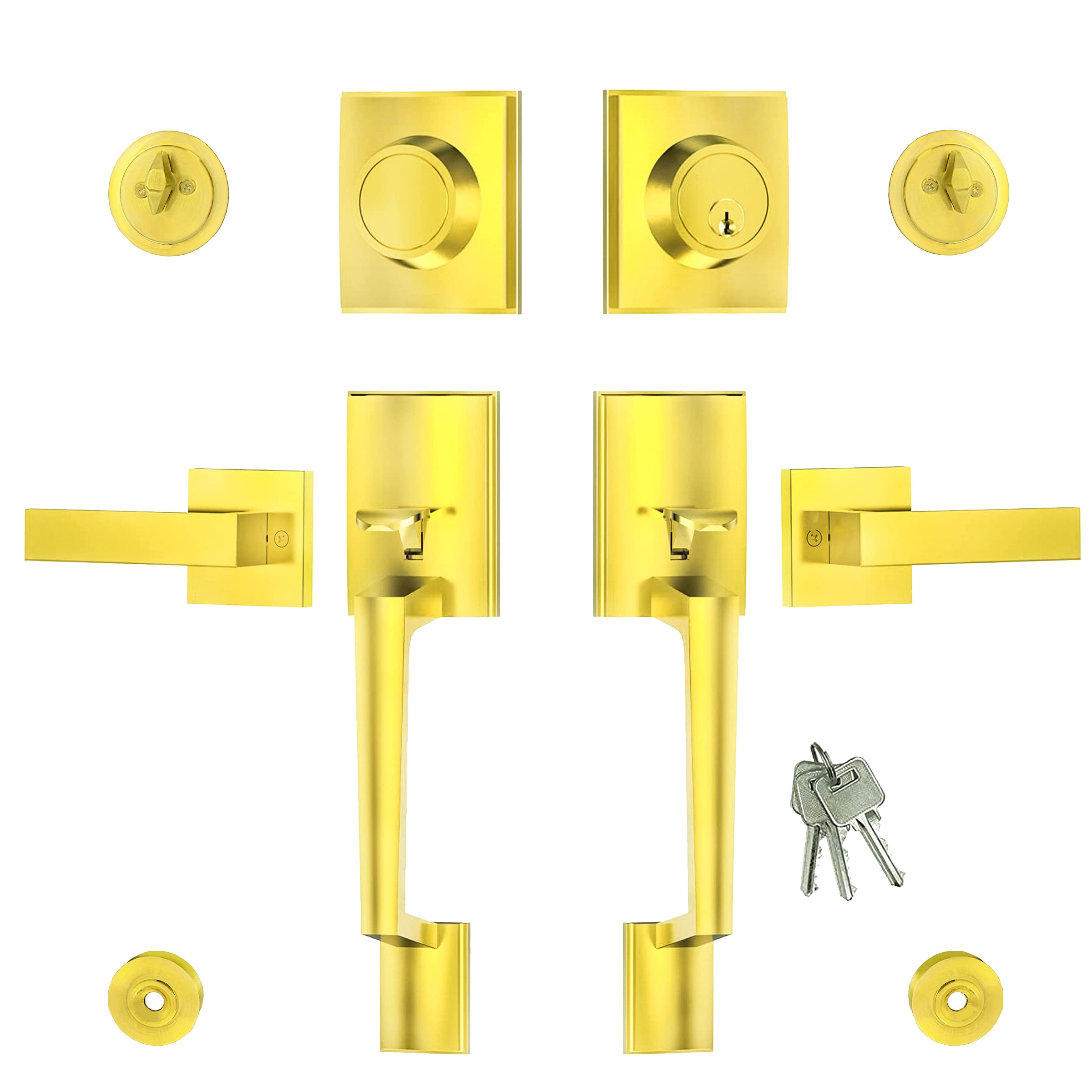 Photo 1 of Virego Double Door Handle Set, Polished Gold Double Front Door Handle Sets with Dummy, Modern Heavy Duty Square Door Lever and Single Cylinder Deadbolt Combo for Exterior and Interior Doors, PG-DL-1