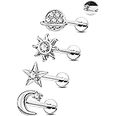 Jewseen 316L Surgical Steel Flat Back Earrings 4PCS 16g Internally Threaded Cartilage Stud Nose Lip Piercing Jewelry Tragus Helix Earrings for Women Men