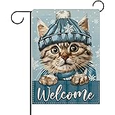 Dyrenson Welcome Winter Tabby Cat Blue Decorative Garden Flag, Snowflake Yard Outside Home Decoration Pet Owner Lover Gift, Farmhouse Rustic Christmas Burlap Outdoor Small Decor Double Sided 12 x 18