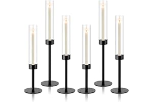 ASHELYULLA Black Hurricane Candle Holders, Set of 6 Glass Taper Candlestick Holders Metal Candle Stands Bulk with Glass Cover for Dining Tables Wedding Candelabra Centerpieces Decor