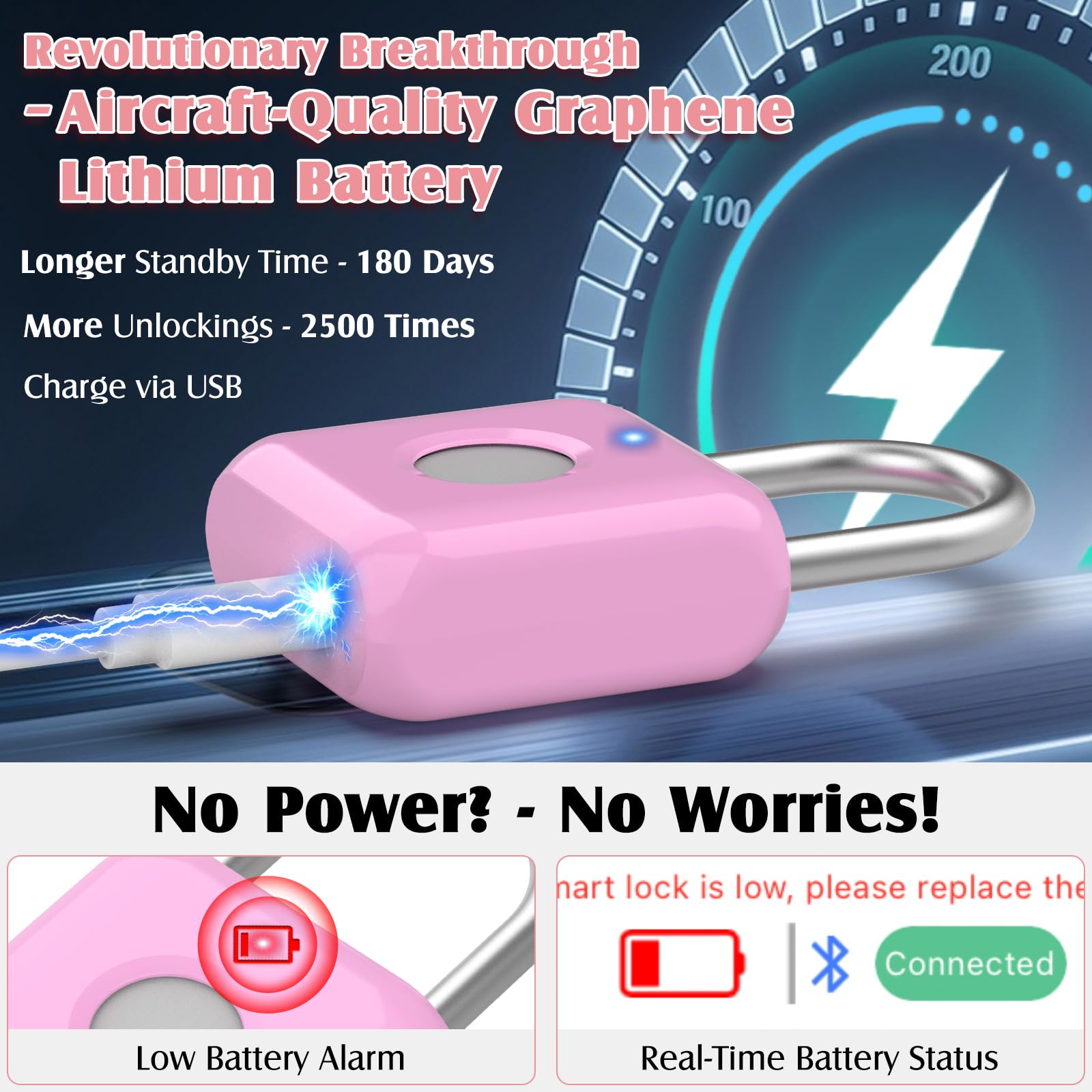 Pothunder Fingerprint Padlock, Locker Lock, Combination Lock, Fingerprint Lock with APP Unlock, USB Rechargeable, Suitable for Gym Locker, Door, Locker