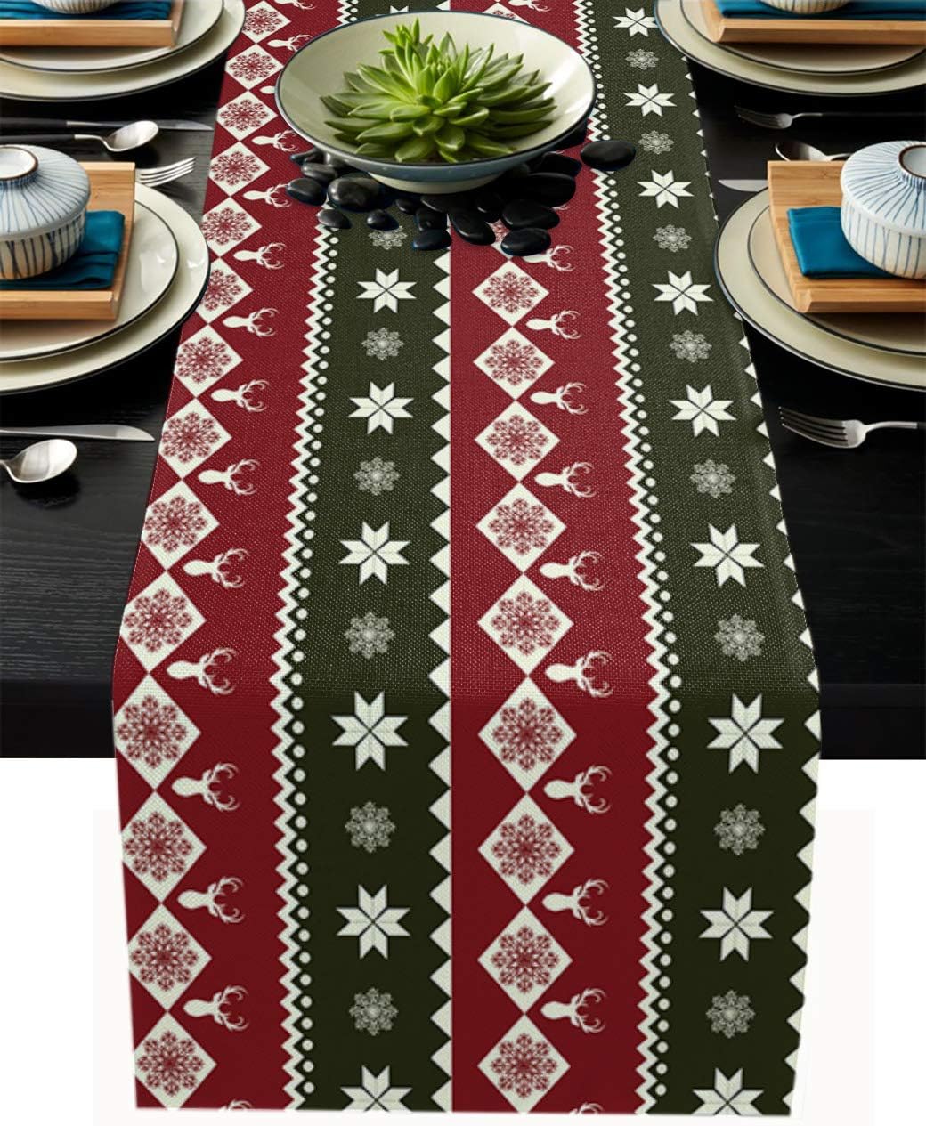 Table Runner Durable Washable Tablecover, Christmas Elk and