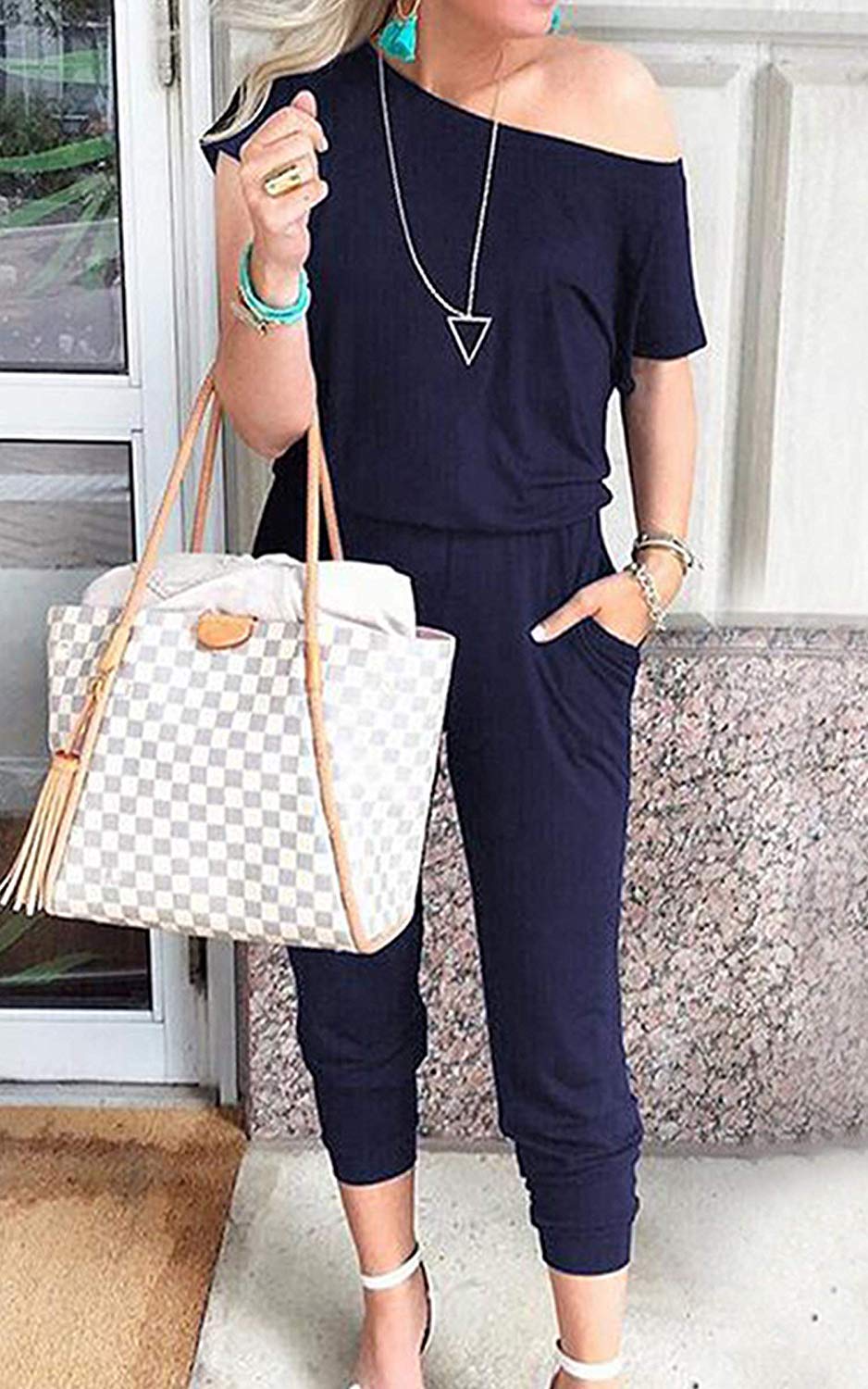 Pant Suits for Women - Cute One Off Shoulder Jumpsuits with Pockets Medium Navy Blue