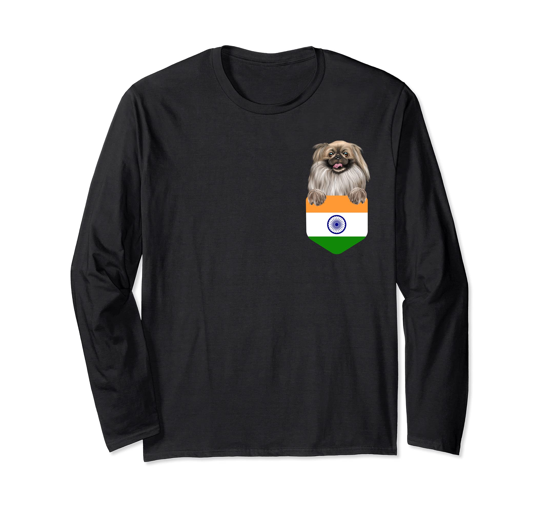 India Flag Pekingese Dog In Pocket Long Sleeve T-Shirt