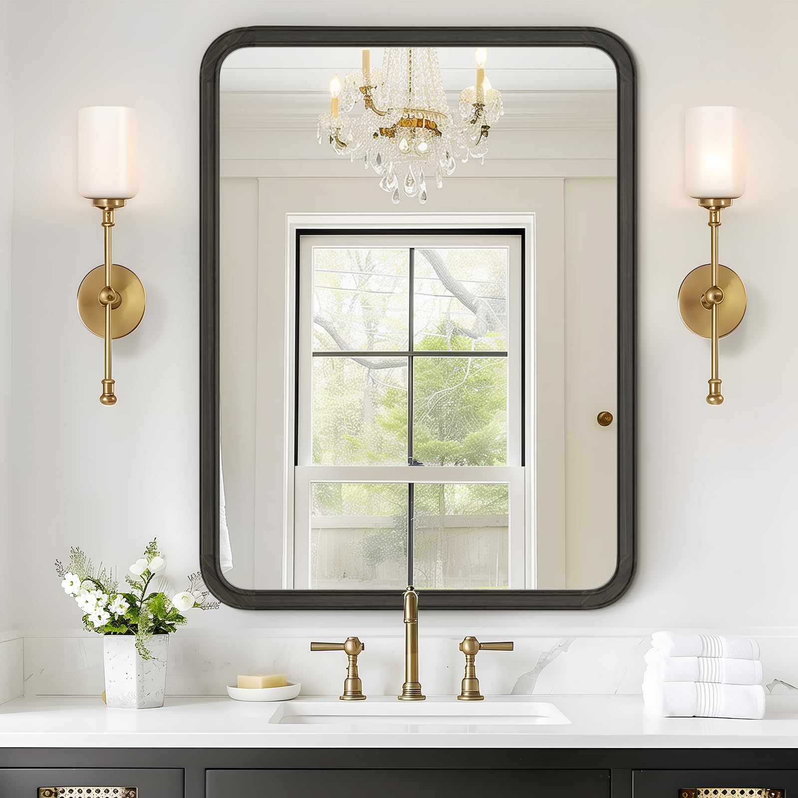 Photo 1 of WallBeyond Black Bathroom Mirror for Wall 30x40 Inch Wooden Frame Rectangle Mirror for Farmhouse Bathroom Vanity Wall Mounted Decorative Mirror (Horizontal/Vertical Black)