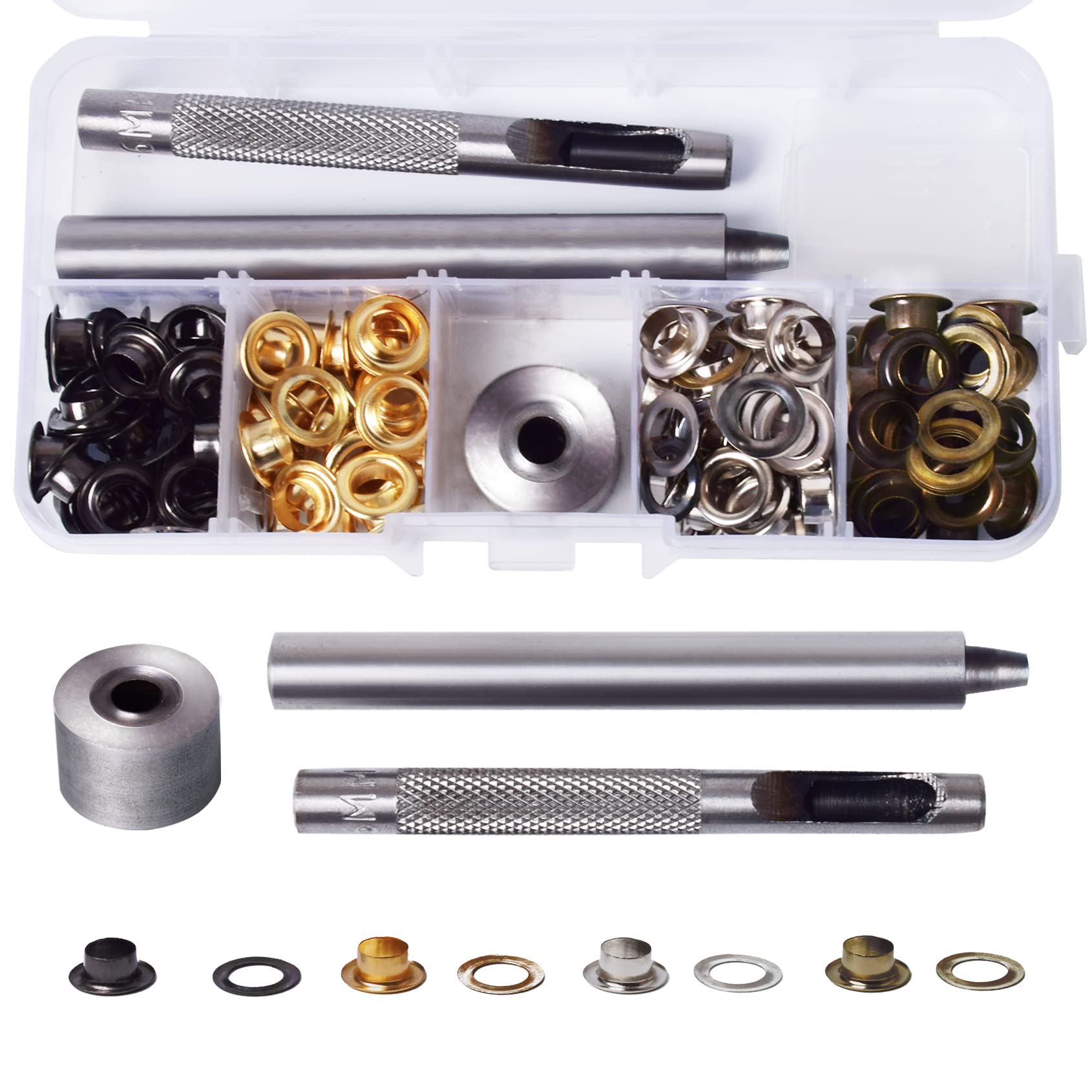 Melofo 120 Pieces Grommet Kit, 6MM 1/4 Inch Grommets Eyelets Kit with 3Pcs Installation Tools for Fabric, Canvas, Curtain, Clothing, Leather (Silver/Gold/Black/Bronze)