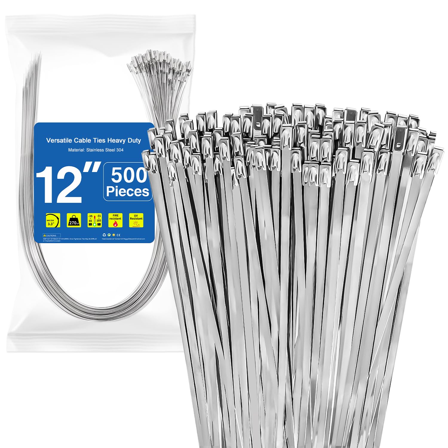 500 Pack Metal Zip Ties 12 Inch×0.15 Inch Stainless Steel Metal Cable Ties 304 Heavy Duty Self-Locking Metal Tie Wraps Load Capacity 270 lbs Suitable for Exhaust Wrapping Fence