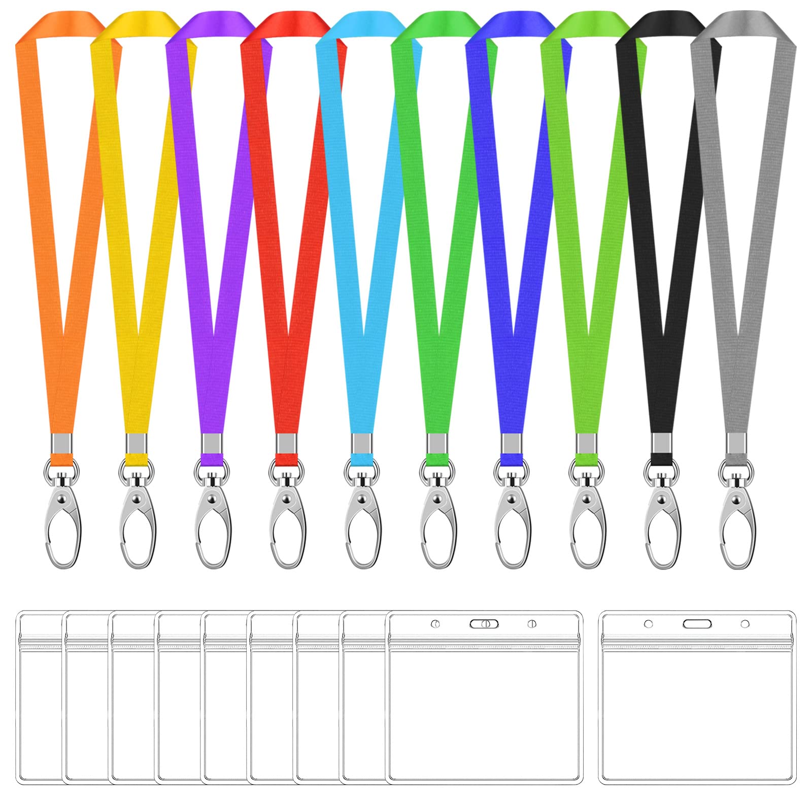 10 Sets Badge Card Holders with Neck Lanyards, Waterproof Clear ID Tags Holders and Nylon Colorful Neck Strap with Swivel Hook, Name Card Holder Lanyard for Office School Exhibitions (Horizontal)