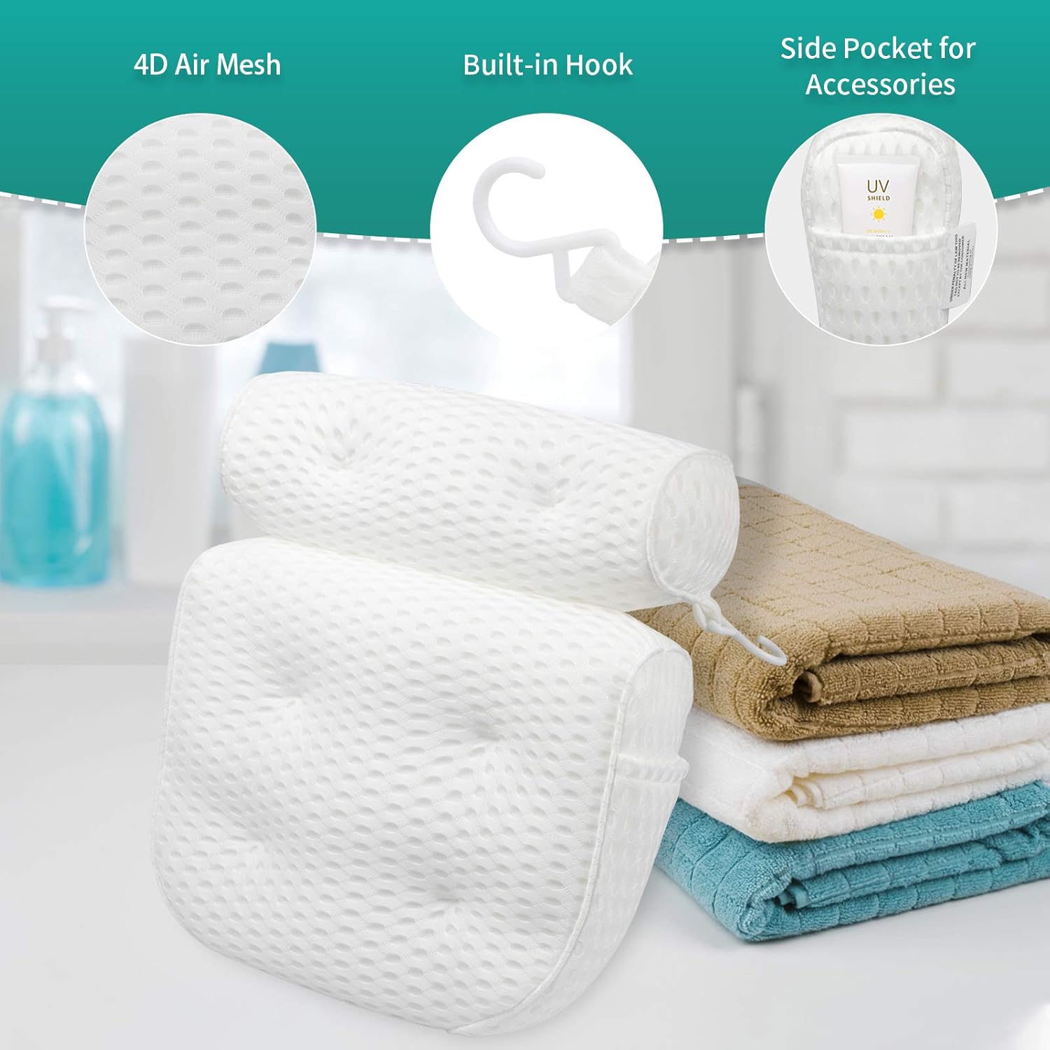 Bath Pillow for Tub, 4D Air Mesh Bathtub Spa Pillow with Side Pocket for Accessories, Luxury Bath Pillow Support Head, Neck, Shoulder, Back for All Bathtub, Hot Tub, Jacuzzi : Beauty