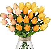 24 Pcs Artificial Tulips Flowers Mixcolor Real Touch Fake Tulips Fake Flowers for Mother's Day 13.5" Faux Tulips Faux Flowers Bulk Artificial Tulips Flowers for Vase Centerpieces Home Wedding Bouquet