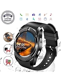 Smart Watch,Bluetooth Smartwatch Touch Screen Wrist Watch with Camera/SIM Card Slot,Waterproof Phone Smart Watch Sports Fitness Tracker Compatible Android Phone iOS Phones for Men Women Kids (Black)