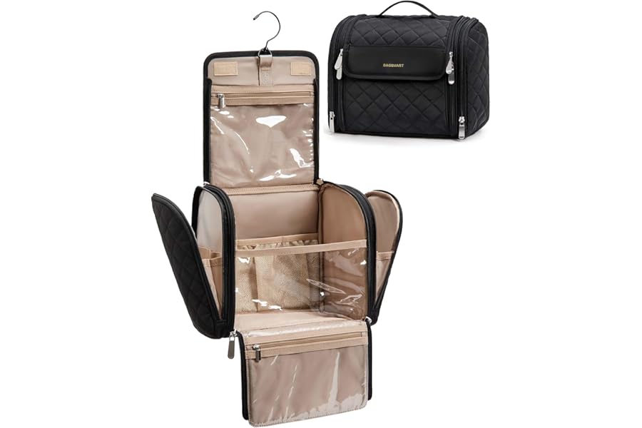 BAGSMART Makeup Bag for Women with Hanging Hook – Portable Cosmetic Case, Large Capacity Door Room Essentials Travel Organizer for Full Sized Cosmetics and Toiletries, Black