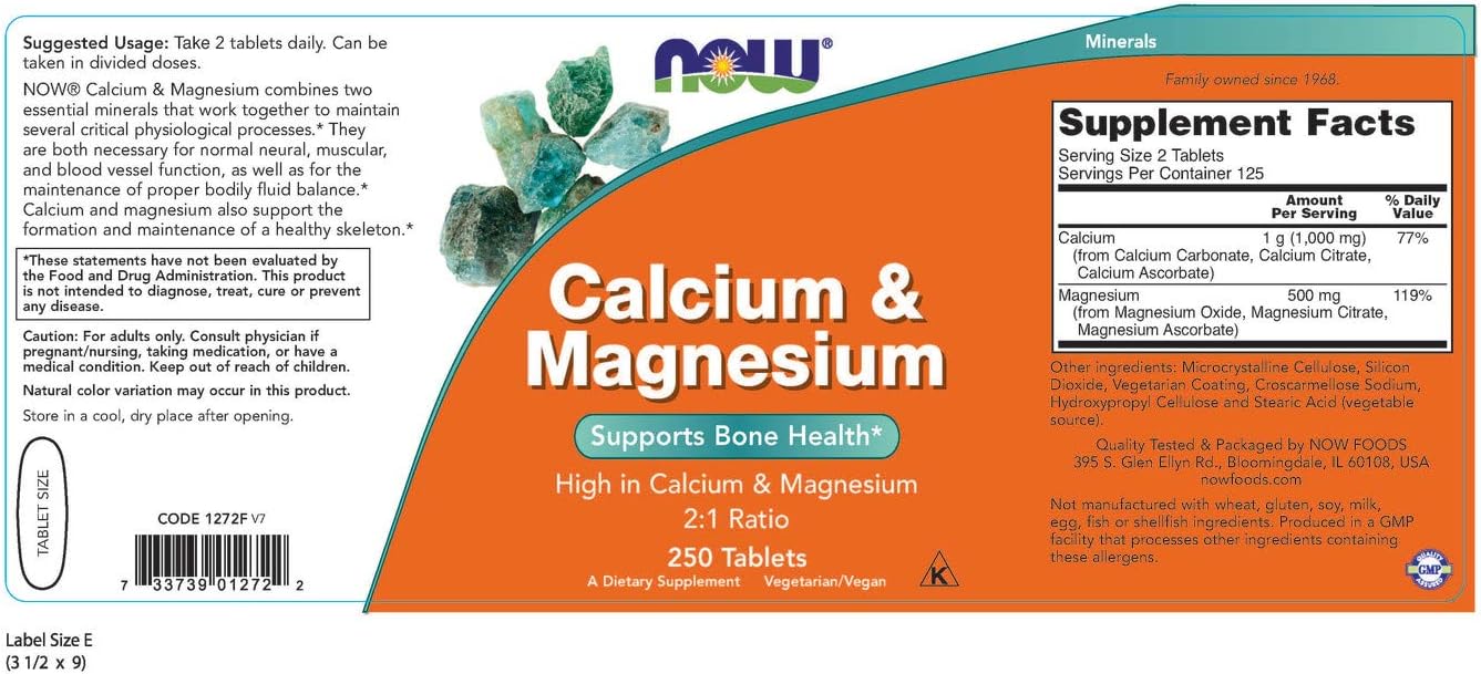 NOW Supplements, Calcium & Magnesium 2:1 Ratio, High Potency, Supports Bone Health*, 250 Tablets: Health & Personal Care