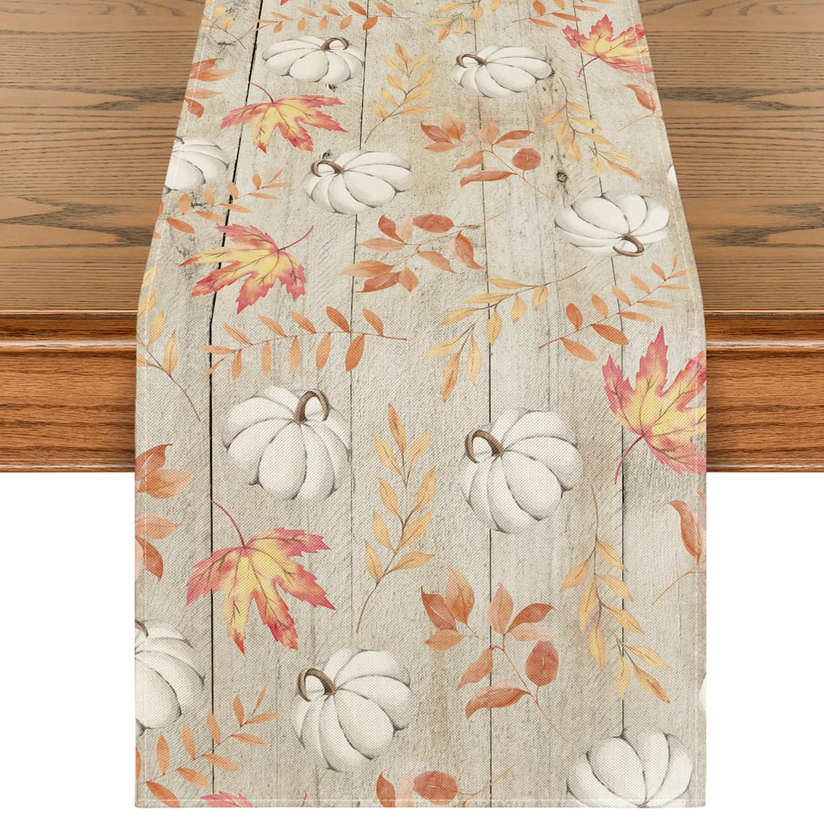Artoid Mode Pumpkins Maple Leaves Beige Wood Fall Table Runner ...