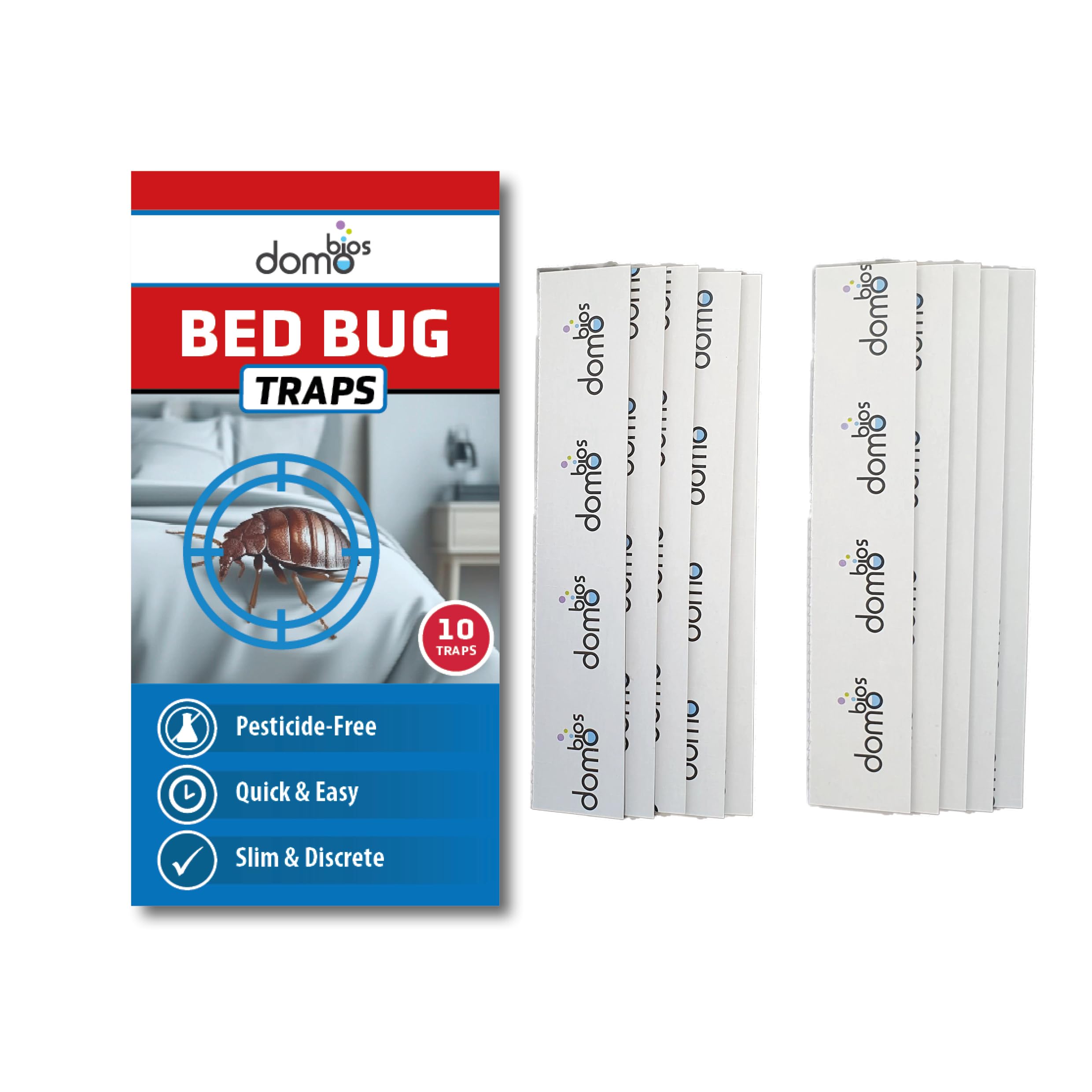 DOMOBIOS Bed Bug Traps | Pack of 10 Sticky Monitoring Traps | Unique Bed Bug Detector | Tested. More Effective Than Other Traps | Apply to Bed Frames, Headboards, Mattresses, and Furniture (10)