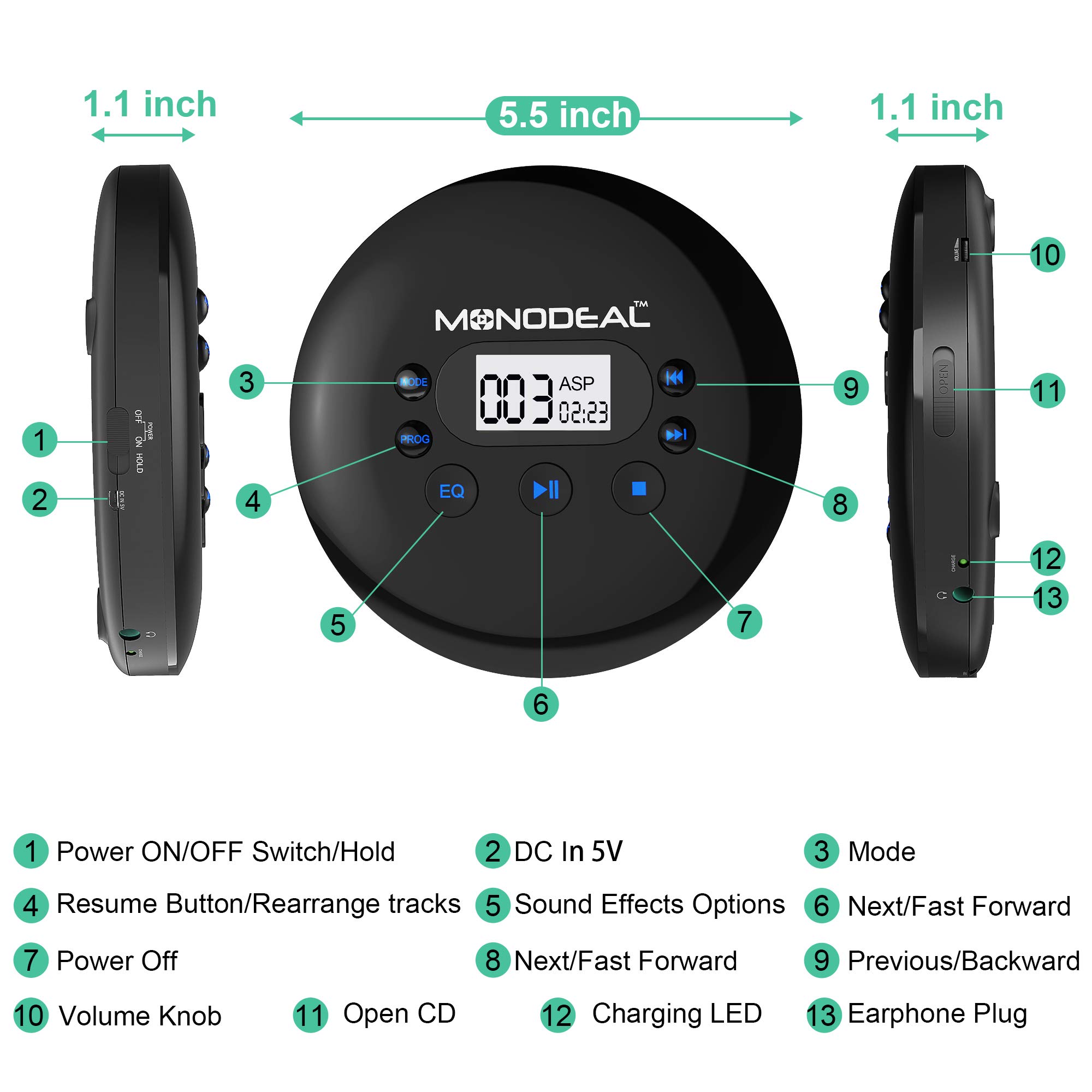 Portable CD Player, MONODEAL Rechargeable Personal Compact Disc CD Player with Headphones, Anti-Skip Small Player for Cars Adults Kids Students (with Larger LCD Display)