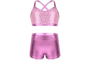 dPois Kids Girls Dance Outfit Strappy Crop Top Sequin Dance Tank and Shiny Metallic Shorts Set Hip Hop Streetwear