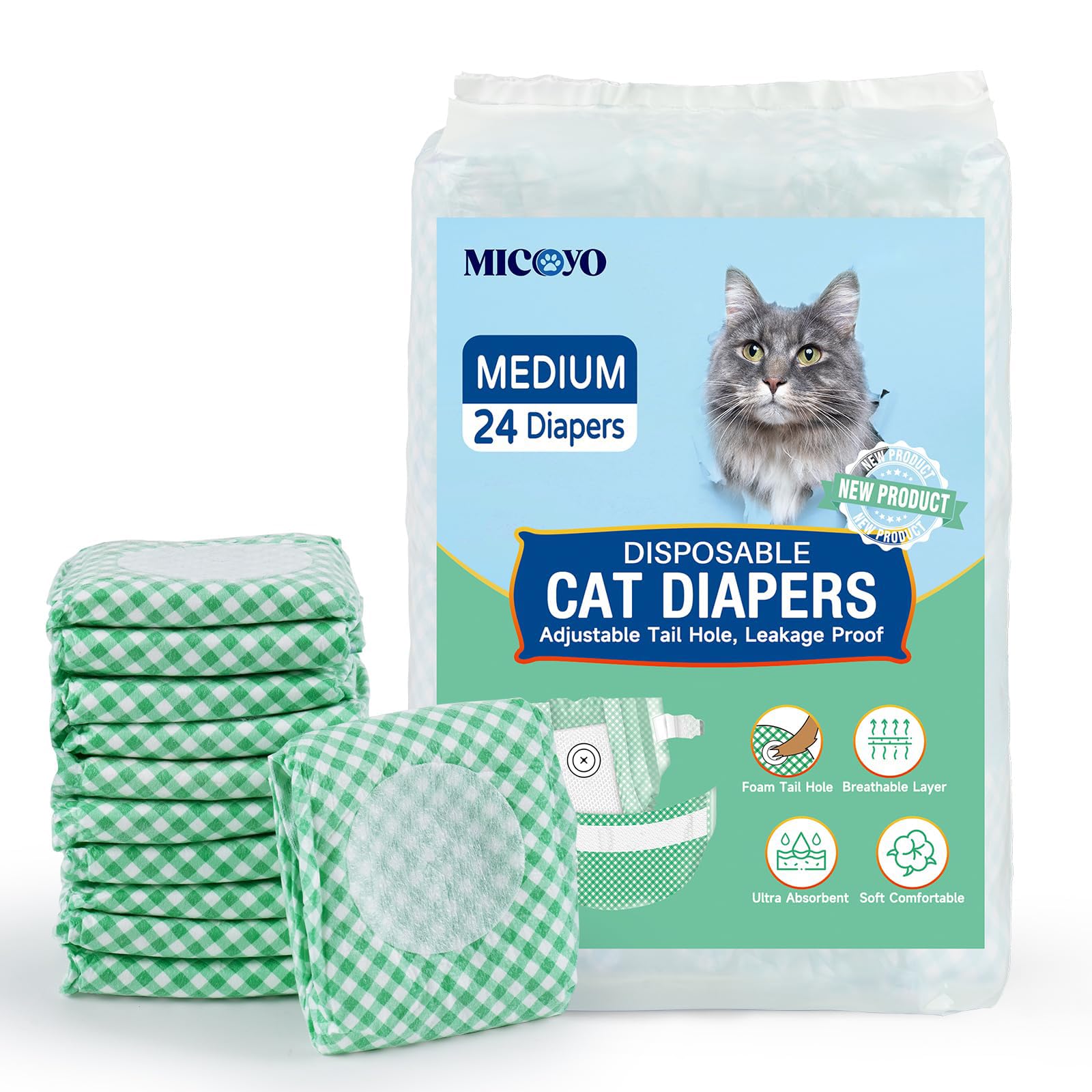 MICOOYO Disposable Puppy Cat Nappies, Super Absorbent Pet Diapers for Cats Small Dogs, Disposable Cat Diaper Pants for Female in Heat (M, 24Pack)