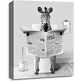 Funny Bathroom Pictures Wall Decor Humorous Zebra Sitting in Toilet Reading Newspaper Posters Painting Black and White Canvas Wall Art Modern Animal Photo Artwork Gray Bathroom Toilet Wall Decor 12x16