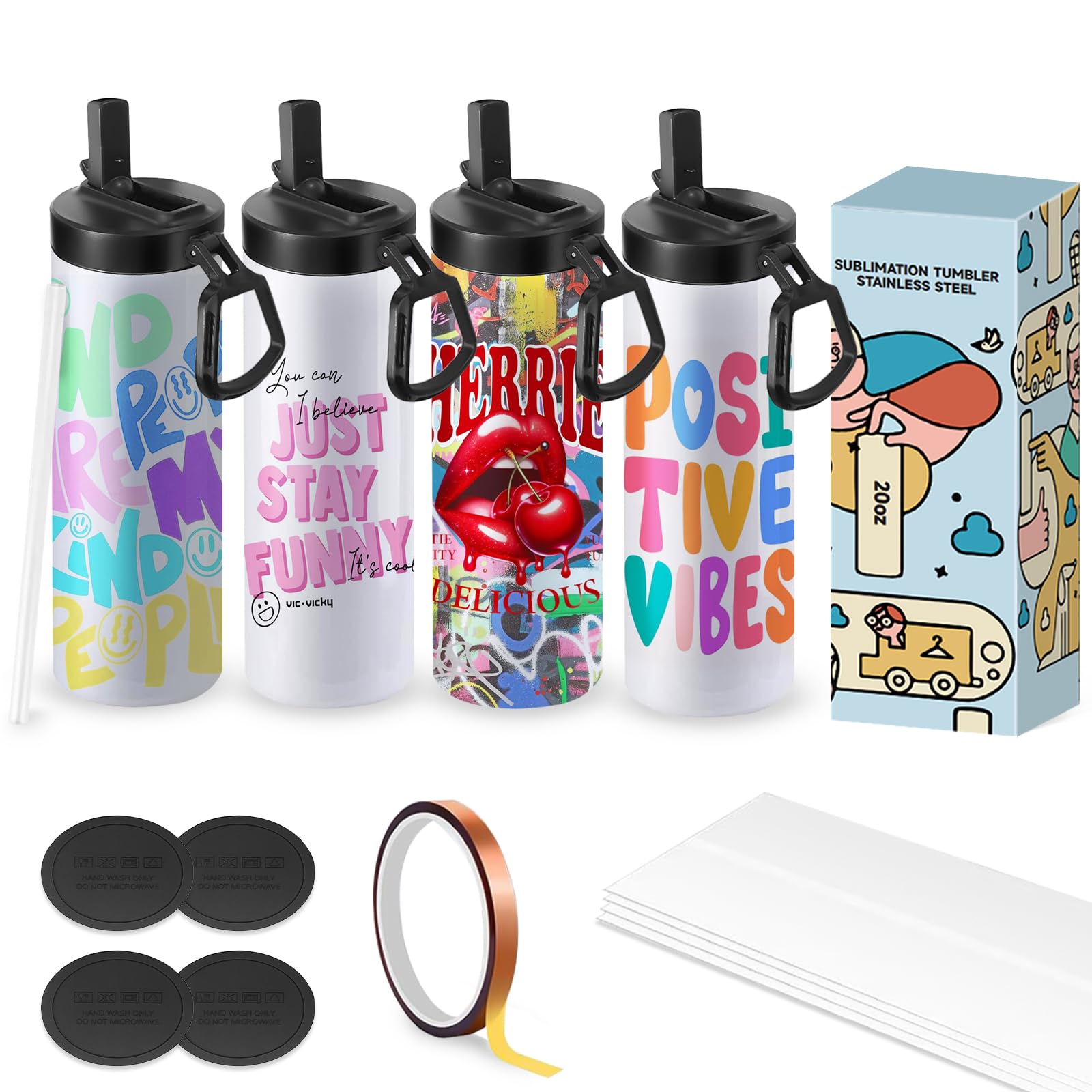 Cafultgo 4-Pack Sublimation Tumblers Leere Tassen Wasserflasche 20 OZ Weißer gerader Edelstahl Tumbler mit Metallstroh und Deckel für Tumbler Heat Press Machine Sublimation Print (4PCS)