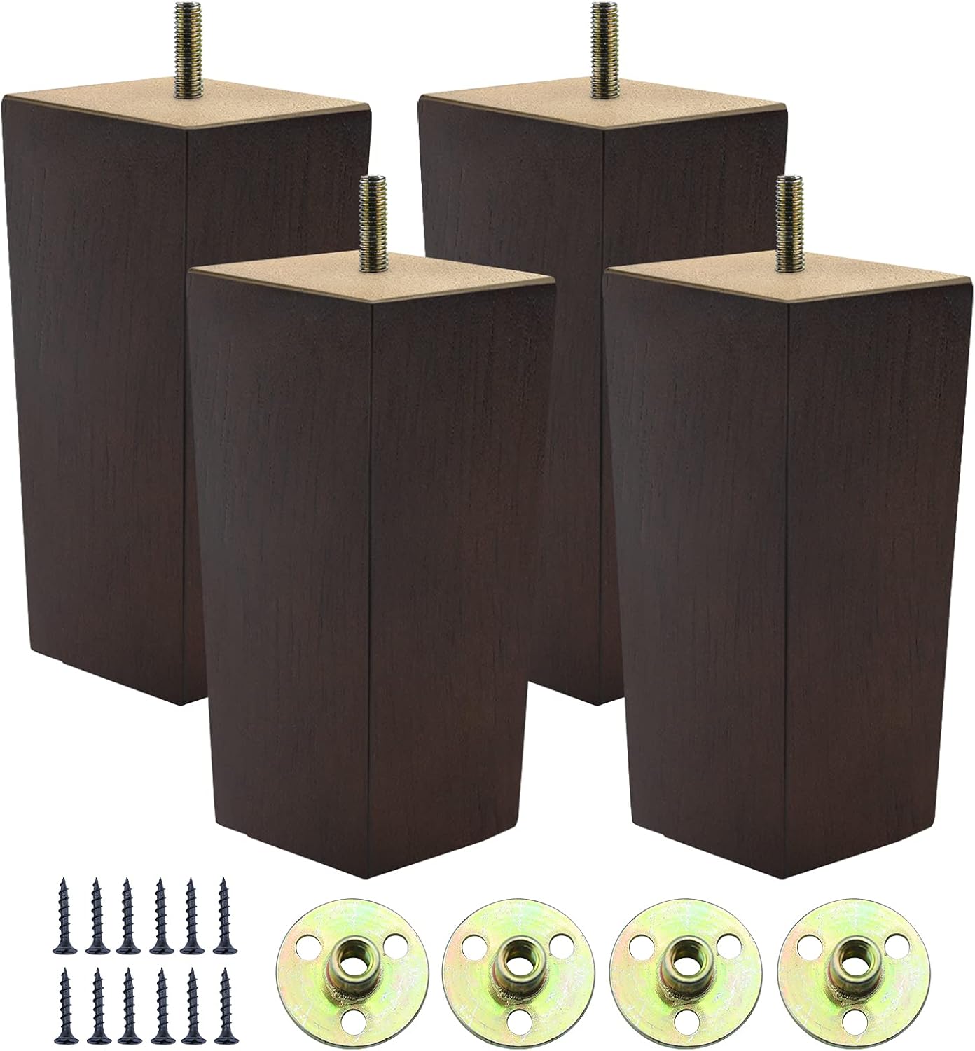 Couch Legs for Furniture Set of 4, Pyramid Square Wooden Furniture Legs 6 Inch, Mid Century Modern Brown Color Sofa Legs Replacement for Ottoman, Chair, Dresser, Coffee Table, Armchair, Settee