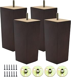 Couch Legs for Furniture Set of 4, Pyramid Square Wooden Furniture Legs 6 Inch, Mid Century Modern Brown Color Sofa Legs Replacement for Ottoman, Chair, Dresser, Coffee Table, Armchair, Settee