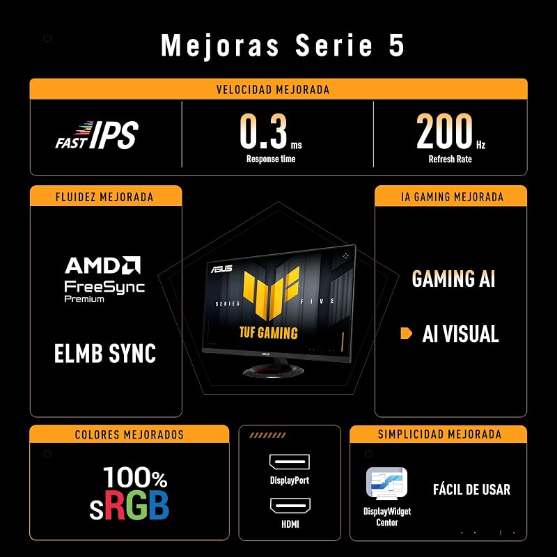 Monitor TUF Gaming VG279Q5R 27", Full HD (1920 x 1080), 200 Hz, IPS rápido, ELMB, 0,3 ms GTG (min.), Colunas estéreo, Centro DisplayWidget, Visual AI