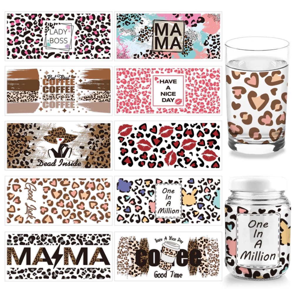 arricraft 10 Pcs 10 Styles UV DTF Cup Wrap Transfer Sticker, PVC Glass Cup Transfer Paper Leopard Print Rub on Transfers Vintage Waterproof Rub Decals for Craft Laptops,Skateboards