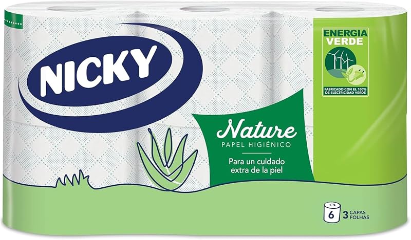 Papel higiênico nicky nature, 6 rolos, 3 camadas, 170 porções por rolo. enriquecido com loção aloe vera, branco, 9,8 x 13cm